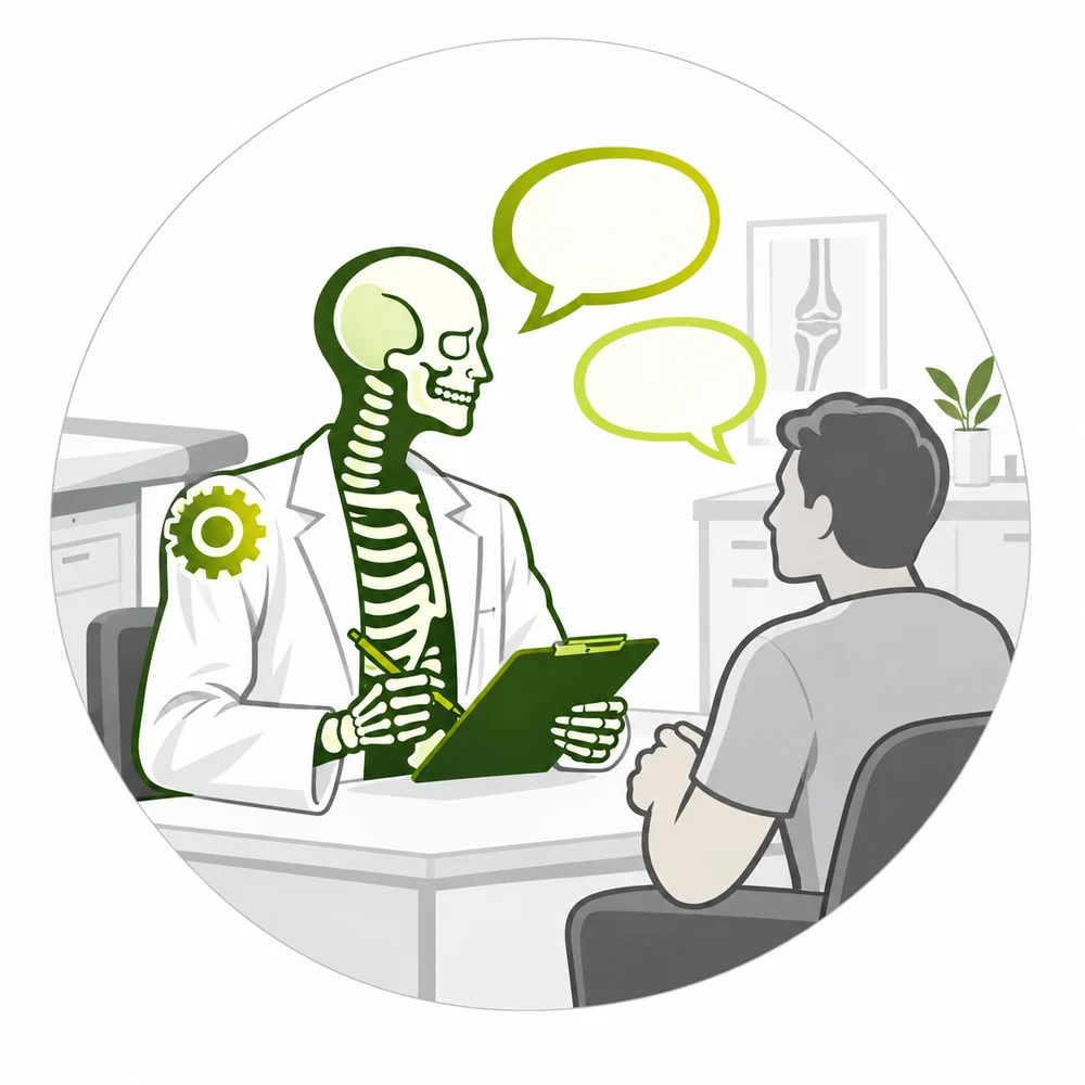 Illustration eines Anamnesegesprächs zwischen Skelettarzt und Patient