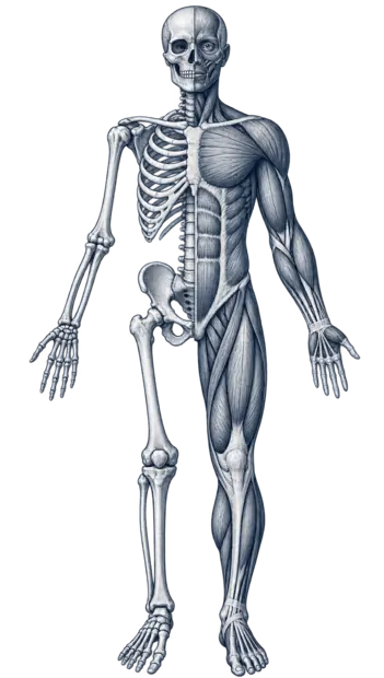 Anatomische Ganzkörperdarstellung, halb Skelett und halb Muskulatur